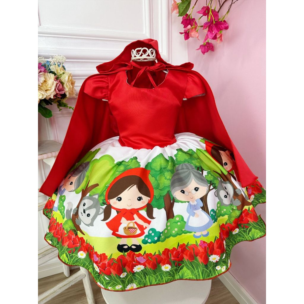 Vestido Infantil Temático Chapeuzinho Vermelho Luxo Com Capuz