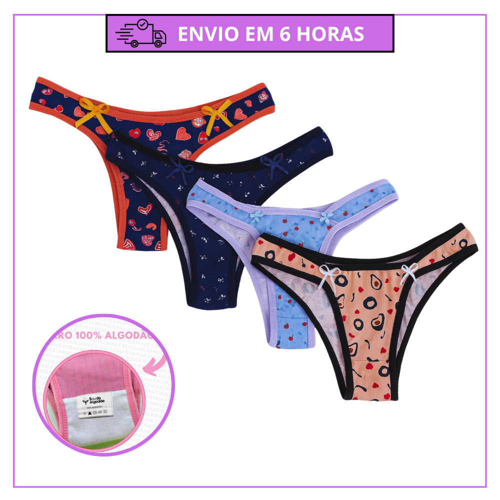 Kit Calcinhas Tanga Asa Delta em Algodão com Forro e Detalhe com Lacinho em Oferta na Shopee