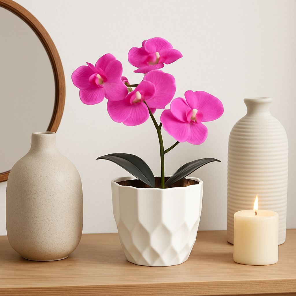 Arranjo com 1 flor artificial realista orquidea com o vaso completo decorativo 12x35cm