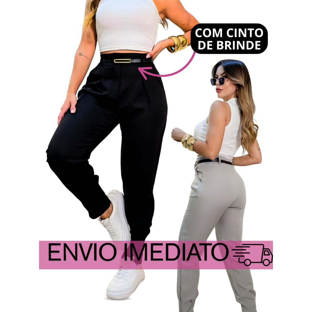 Calça Feminina Jogger Cenoura Tecido Alfaiataria Com Cinto Tendência 2025