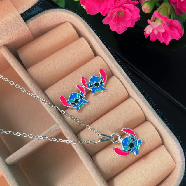 Conjunto Colar + Brincos Folheados a Ouro/Prata Lilo-Stitch