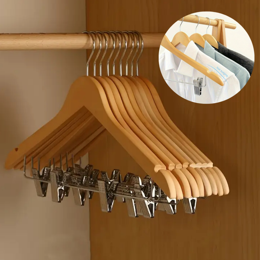 Cabide Madeira Veniz Gira em 360º Presilhas Guarda Roupa Organizador Blazer Calça Camisa Polo Saia