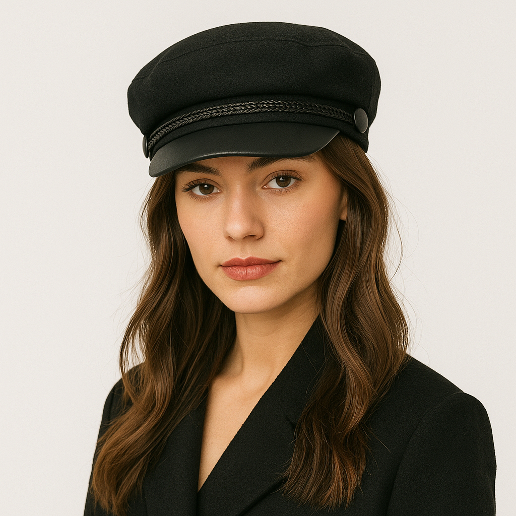 Boina cap militar de feltro com aba de couro sintético chapéu de inverno boné feminino