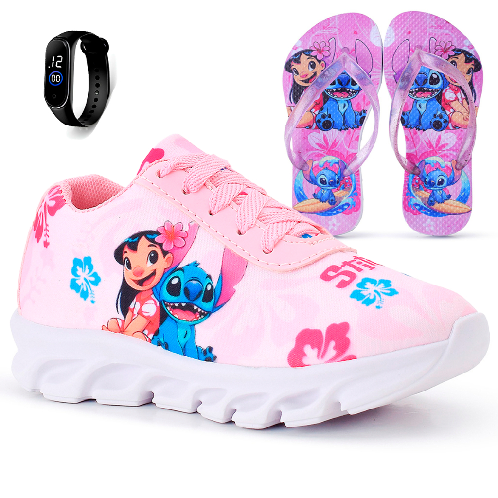 Kit Tênis Infantil Stitch Menina Casual + Chinelo Infantil + Relógio em Oferta na Shopee