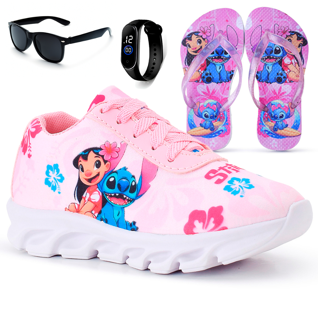 Kit Tênis Infantil Stitch Menina Casual + Chinelo + Óculos + Relógio Digital em Oferta na Shopee