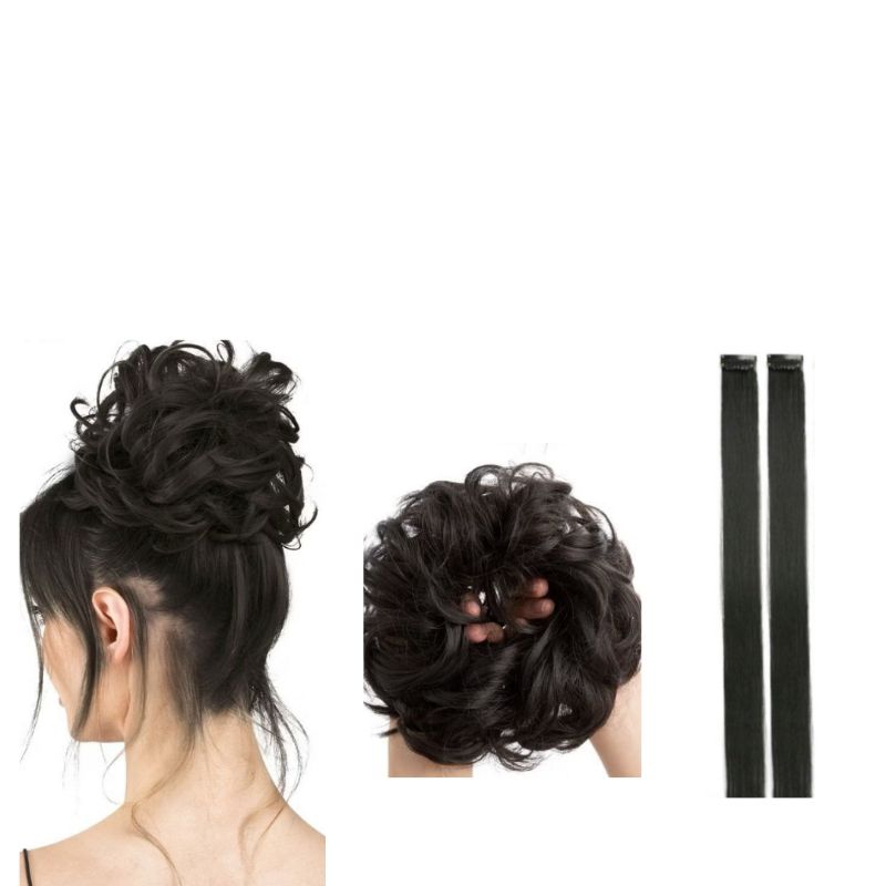 Kit Aplique Coque Cabelo Sintético Scrunchie Mechas Biovegetal Franja Lateral Extensão de Cabelo Penteado
