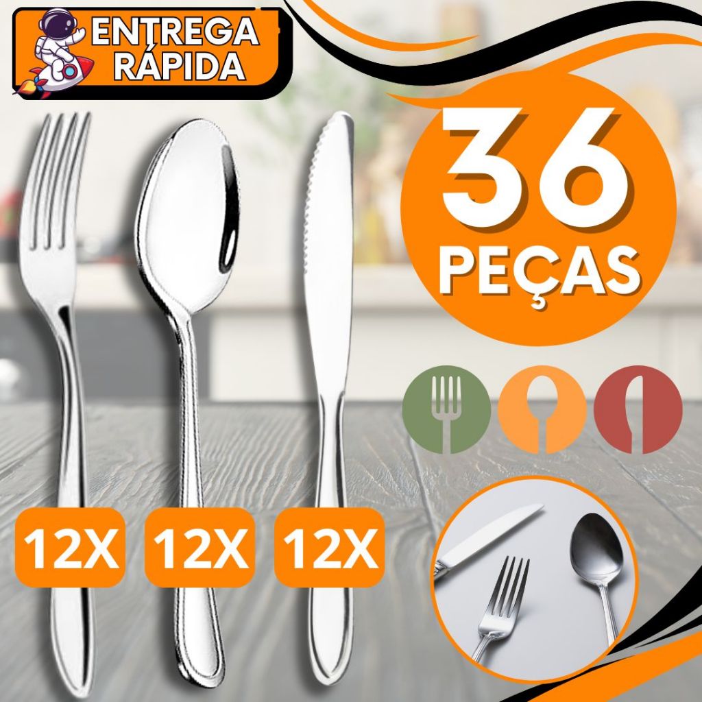 KIT JOGO 36 Talheres 12 Garfo 12 Faca 12 Colher  Mesa Jantar Carne Sopa Arroz  Refeição  Faqueiro Inox Casa Restaurante
