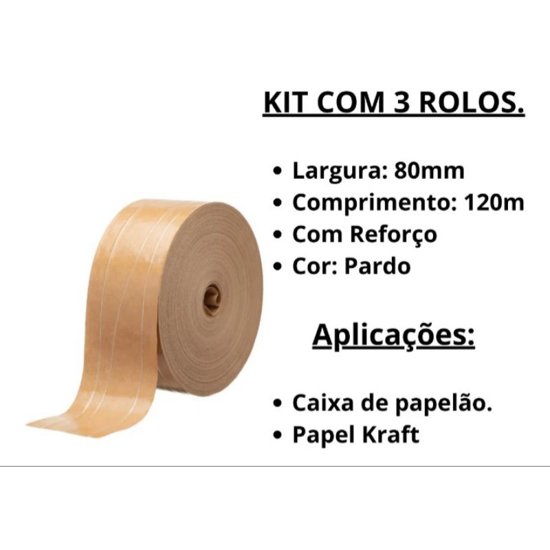 3 rolos de Fita Gomada com Reforço 80mm