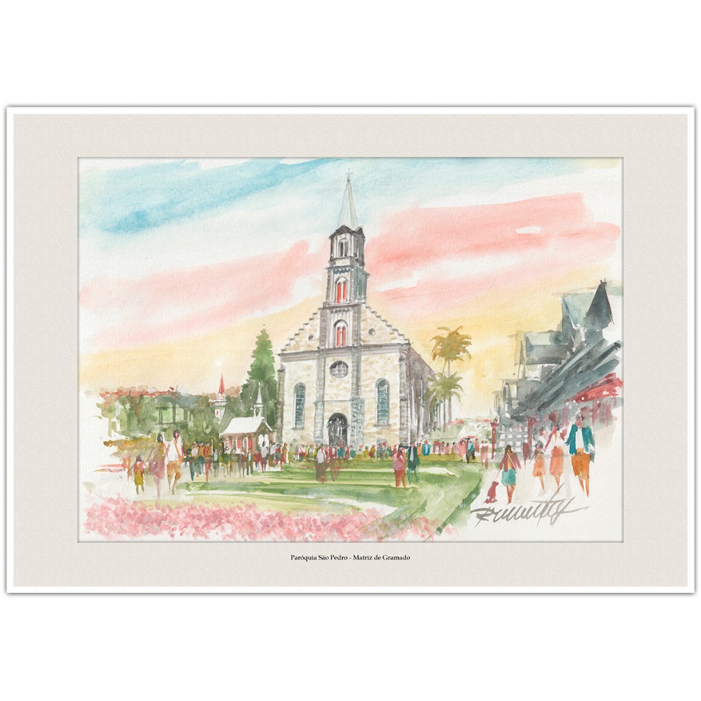 Paróquia São Pedro - Matriz de Gramado | Arte Aquarela para Quadro Decorativo | Decoração A4