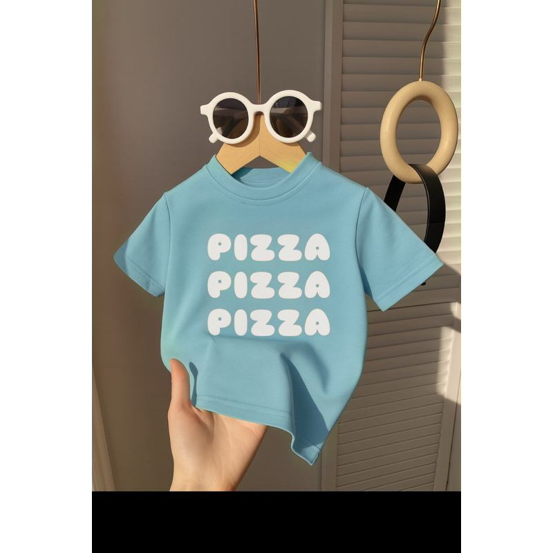 moda infantil camiseta infantil masculina confortável -CAMISETA azul bebe estampa pizza branca
