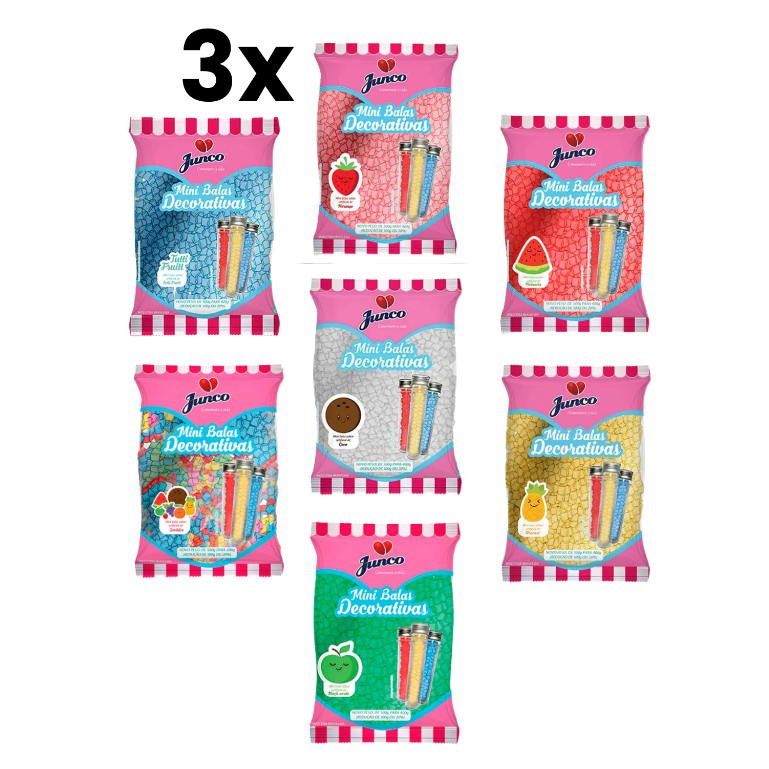 Kit C/3 Mini Bala Junco 400g Vários Sabores Para Decoração Tubetes Latinhas 1,2kg