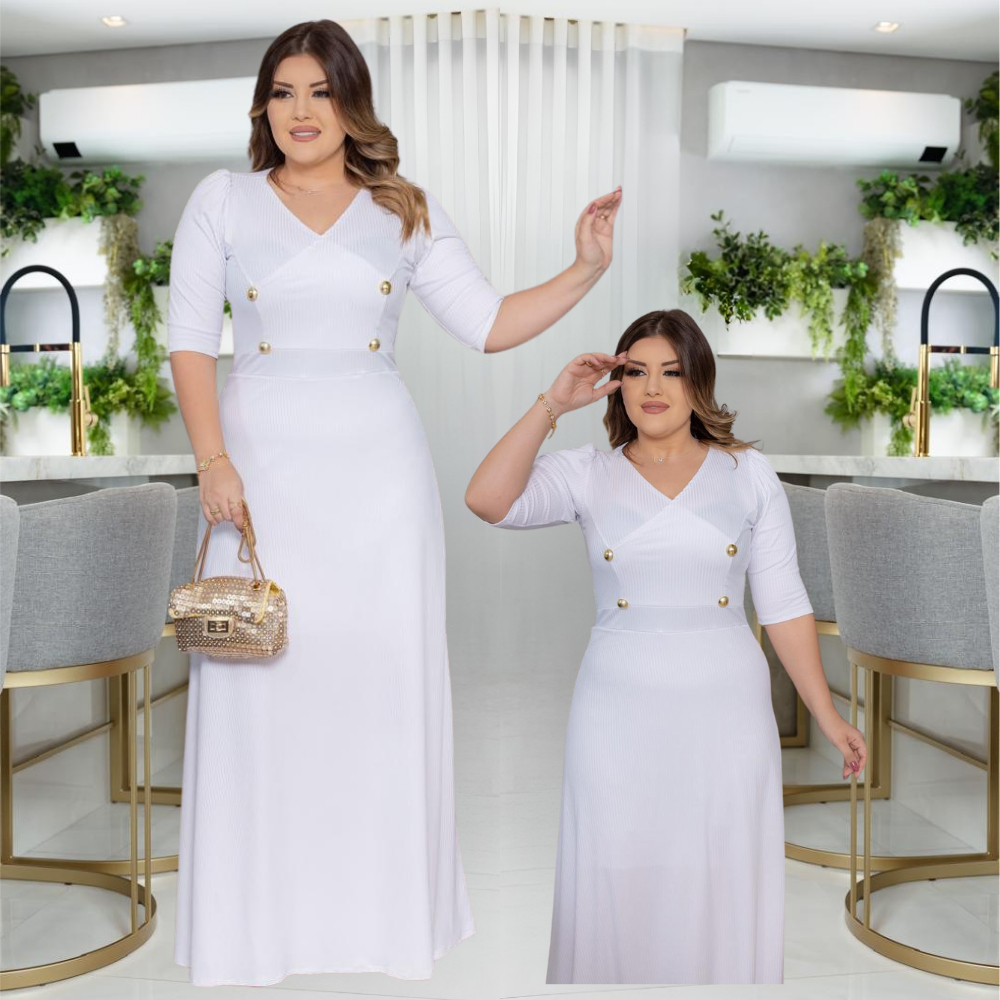 Vestido Feminino Longo Social Moda Evangelica Plus Size Manga 3/4 Com Botão Para Congresso em Oferta na Shopee