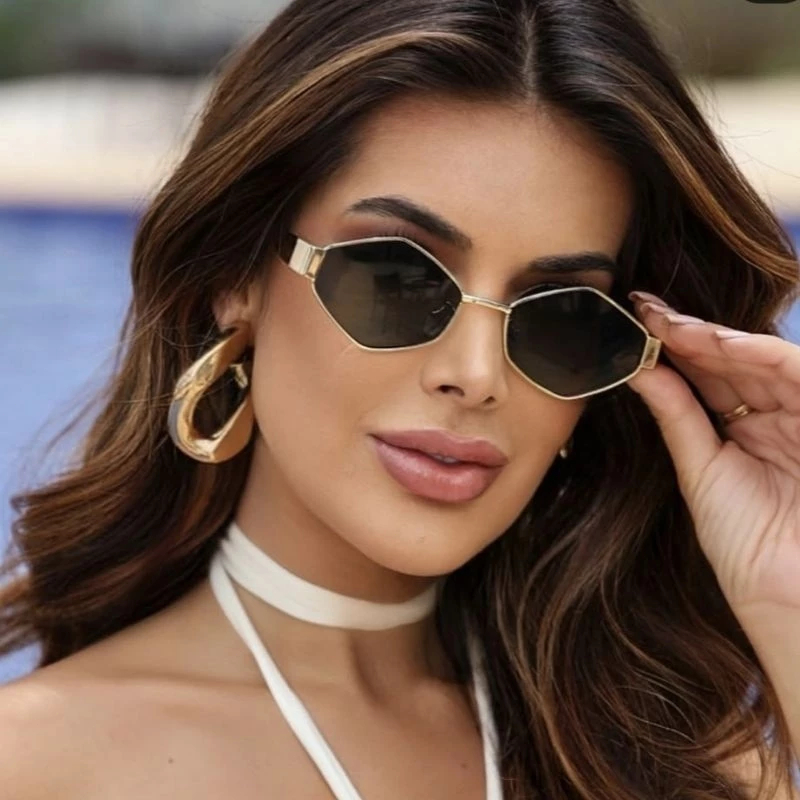Óculos de Sol Elíptico Novo 2025 -Bestseller na Amazon, Lente Poligonal, Metal, Fashion