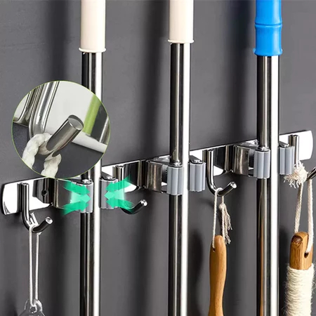 Suporte Inox com 7 ou 9 Ganchos Porta Vassoura e Mop Sem Furo