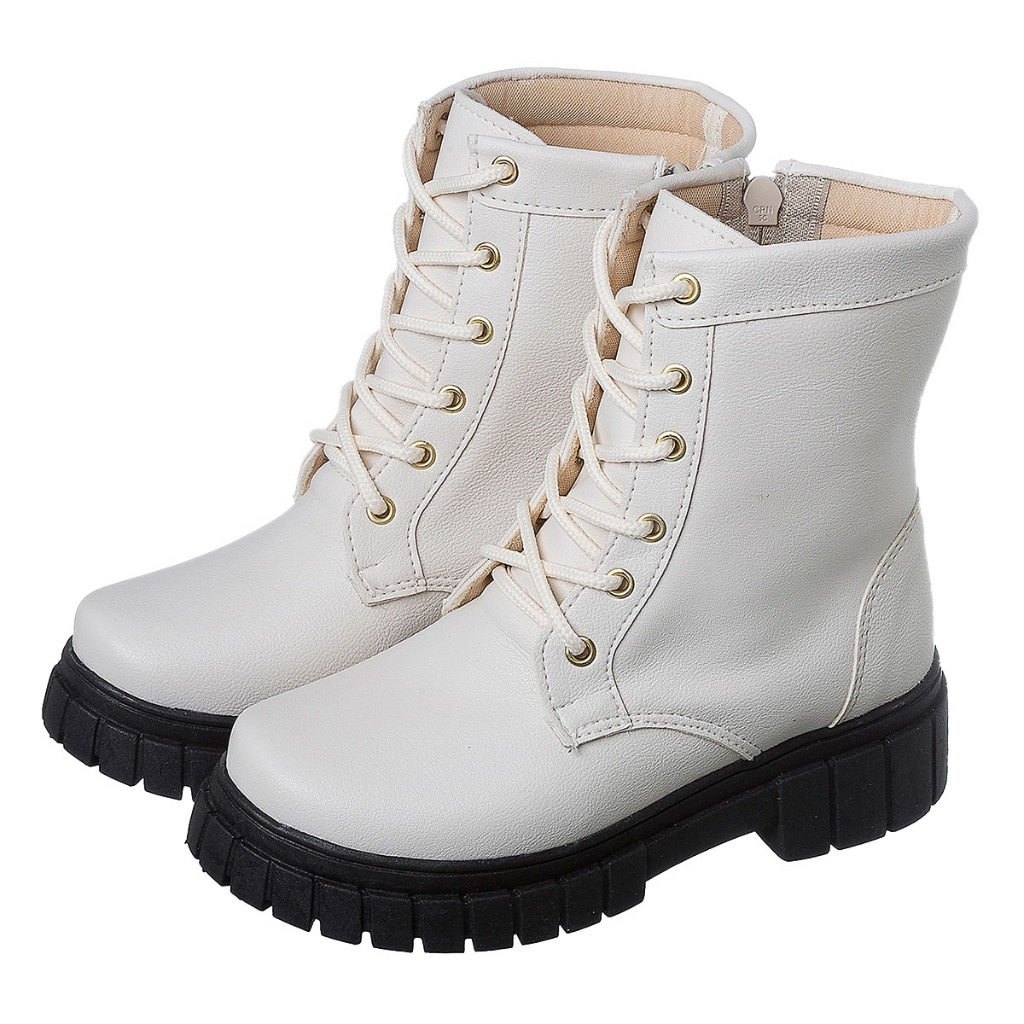 Bota Coturno Cano Curto Tratorado Infantil Off White Sola Preta Kidstep