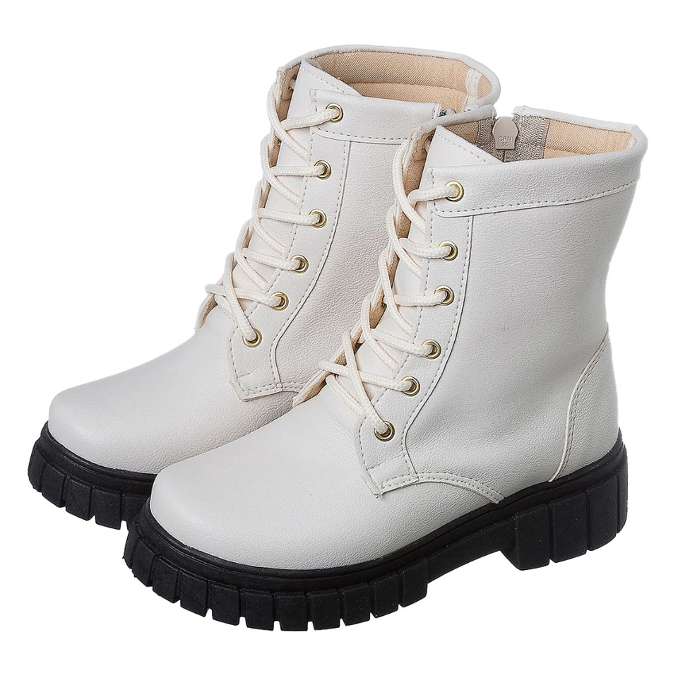 Bota Coturno Cano Curto Tratorado Infantil Off White Sola Preta Kidstep