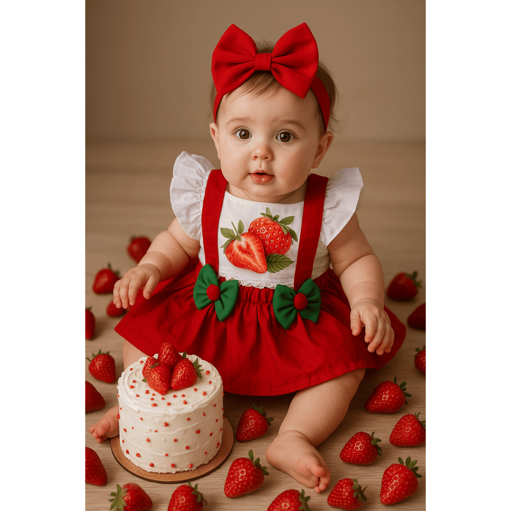 Jardineira Saia Moranguinho Menina Bebê Infantil Mesversário Aniversário Laço de Cabelo Fantasia em Oferta na Shopee