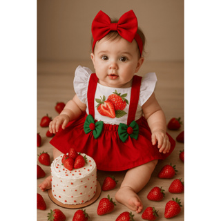 Jardineira Saia Moranguinho Menina Bebê Infantil Mesversário Aniversário Laço de Cabelo Fantasia em Oferta na Shopee