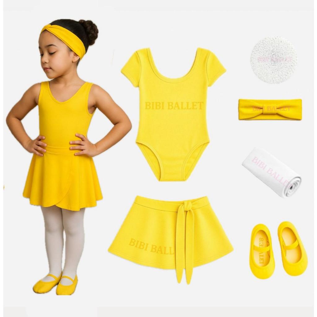Kit Ballet Infantil 6 itens (Saia Transpassar, Collant C/ Manga, Faixa e sapatilha - AMARELO)/ (Redinha e Meia - BRANCO)