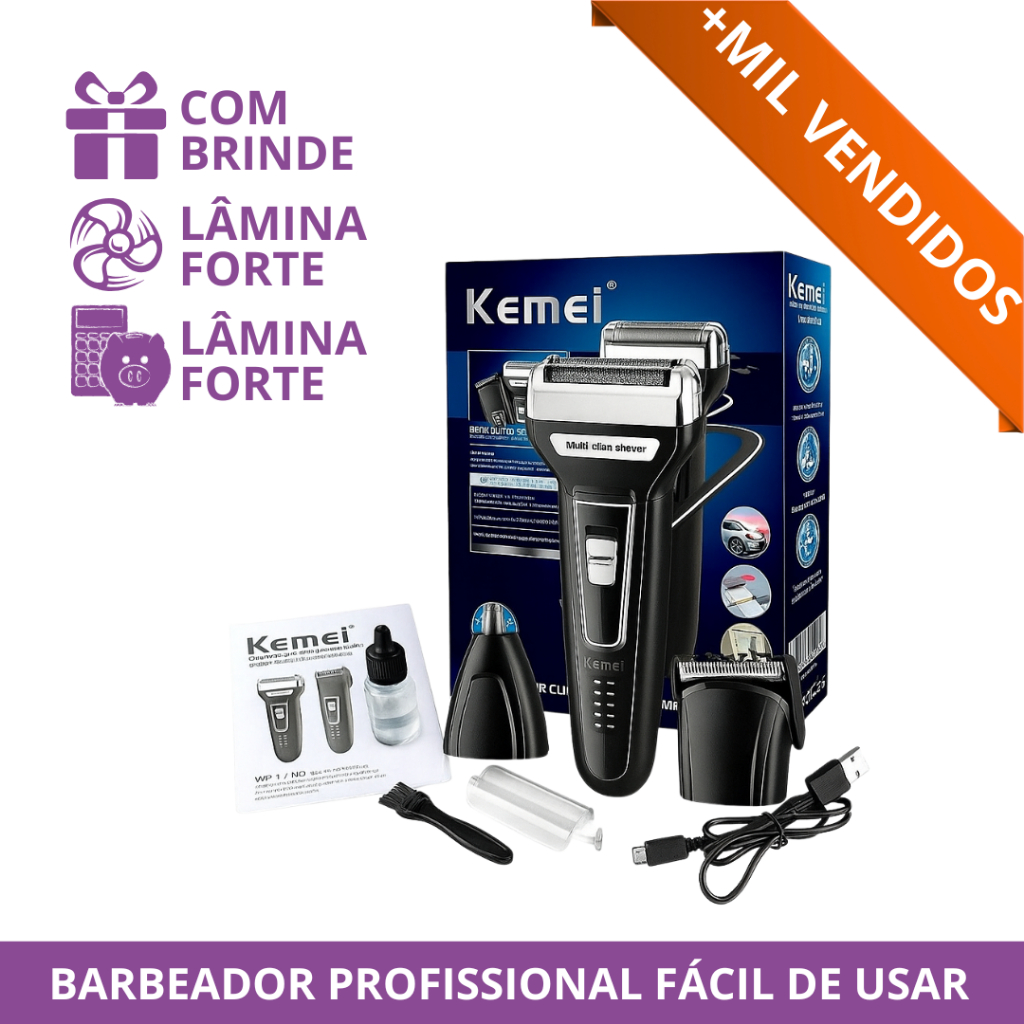 Melhor Maquina de Barbear Kemei Barbeador Elétrico 3 em 1 110/220v Barba e Cabelo Profissionais — R$ 69,90 em Shopee