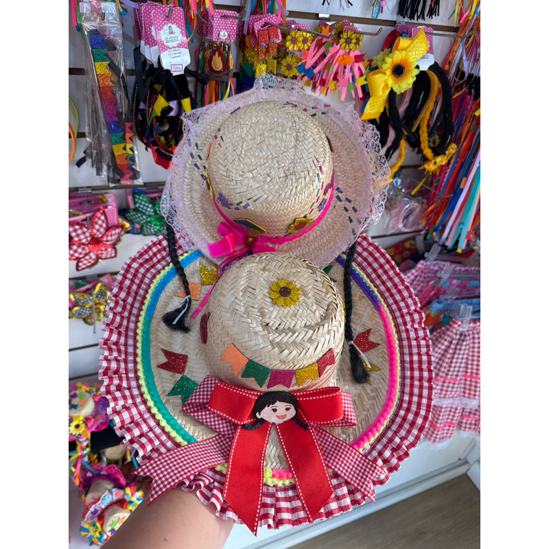 Chapéu festa junina palha personalizado menina rodeio palha vermelho rosa xadrez
