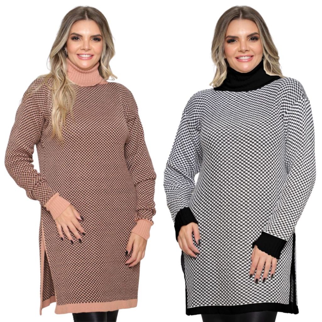 Kit 2 Poncho Feminino Xadrez Tricô Casaco Xale Inverno Plus Size Quente