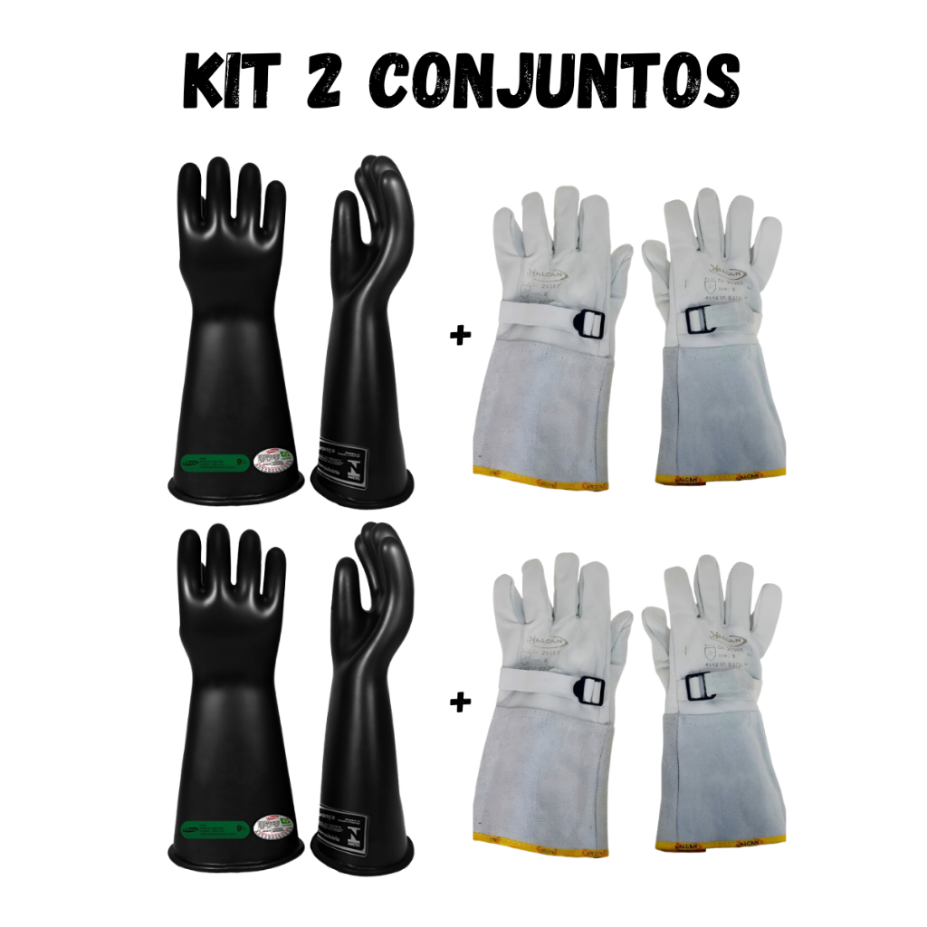 Kit 2 Luva Alta Tensão Classe 3 30Kv 26500v + 2 Luva de Cobertura para Eletricista de borracha Anti-choque
