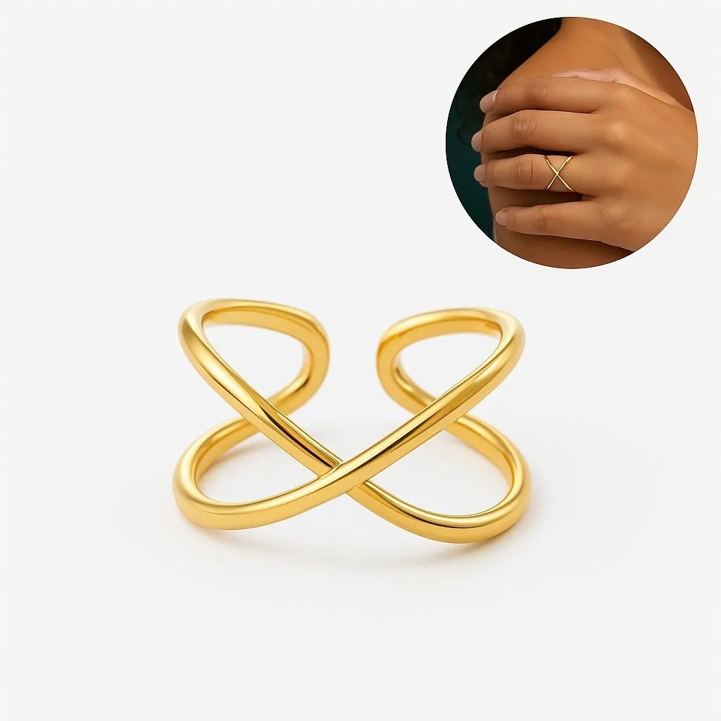 [ SEMI JOIA ] Anel em X Feminino Tamanho Ajustável Delicado Banhado a Ouro 18k Alto Padrão
