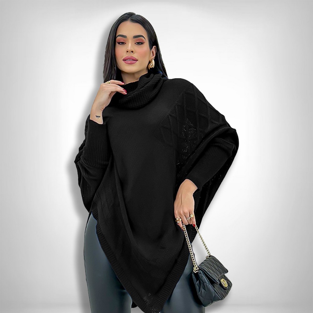 Blusa Tricot Feminina Poncho Bico Manga Longa Soltinho Inverno