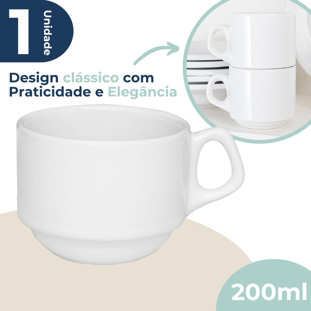 Xicara Porcelana Branca Avulsa Empilhavel Café Chá 200ml Sem Pires Oxford em Oferta na Shopee