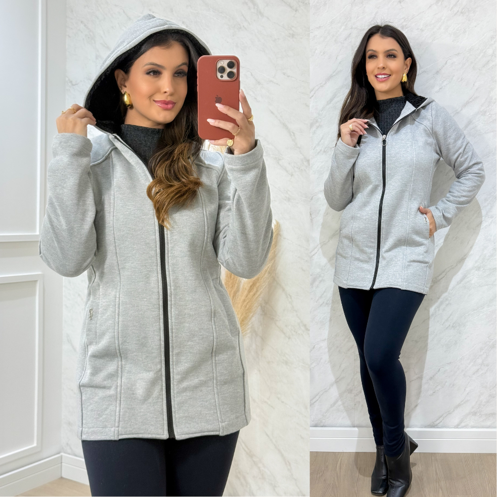 Casaco Sobretudo Moletom Feminino Zíper e Capuz Moda Blogueira Inverno Frio