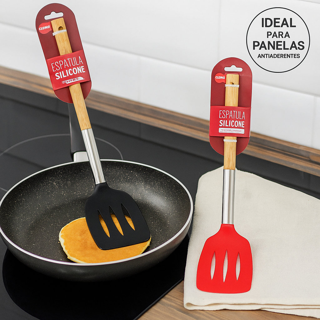 Espátula Vazada Clink – Nylon com Silicone, Cabo de Madeira e Inox – Ideal para Panelas Antiaderentes