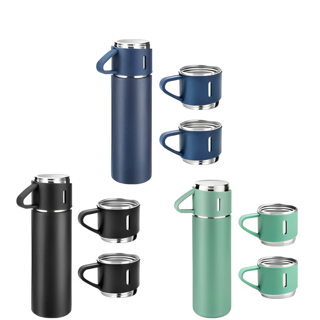 KIT 03UN Garrafa Térmica Com 2 Xícaras Inox 500ml Para Bebidas