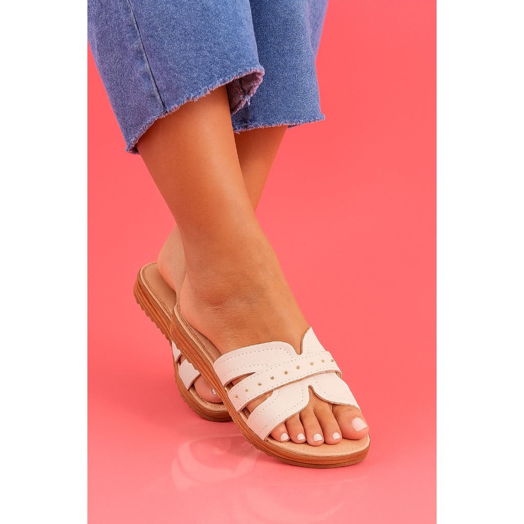 Sandália Rasteira Feminina Modare – Conforto Anatômico Ultra Macia com Tiras Cruzadas Detalhes Dourados