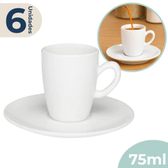 Jogo 6 Xícaras com Pires Cafezinho Expresso Longo 75ml Branco Oxford Porcelana