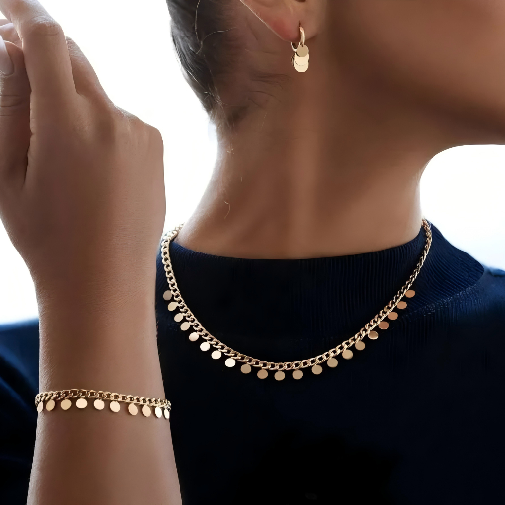 Kit Colar Pulseira femininas de Chapinhas Redondas Banhadas a Ouro 18k em Oferta na Shopee