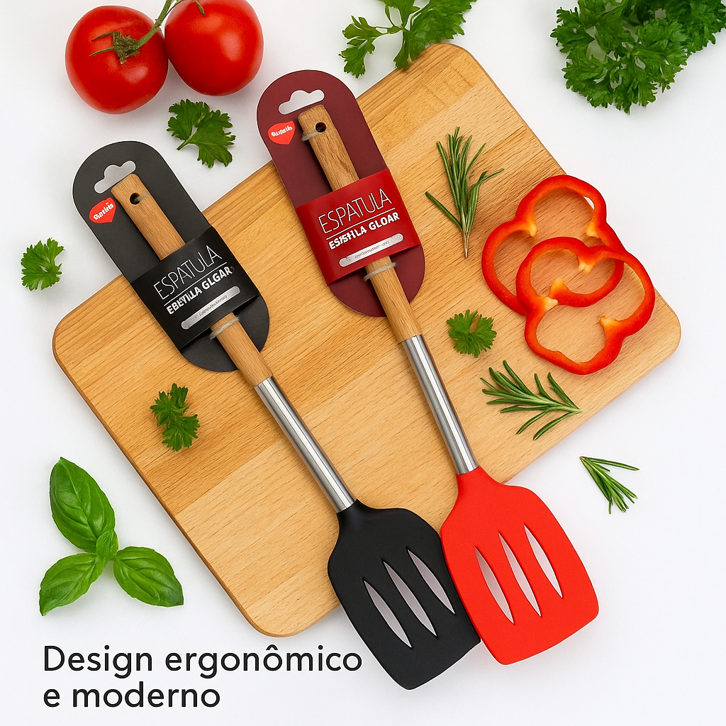 Espátula Vazada Nylon/Silicone Cabo Madeira e Inox - Clink