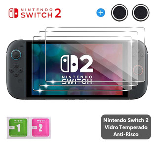 Película de Vidro Nintendo Switch 2 + 1 Par Grip Aleatório Tela Protetora Película Anti-arranhões, Alta Resistência