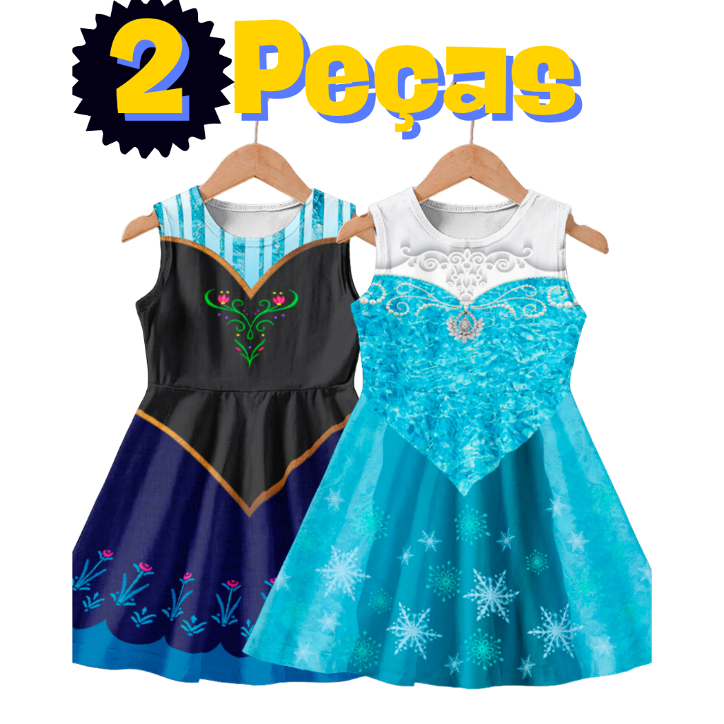 Kit com 2 Vestidos  Personalizado Menina Estampa Ana e Els5 em Oferta na Shopee