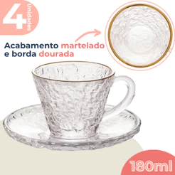 Jogo 4 Xícaras Para Café Chá 180ml com Pires Em Vidro Martelado Borda Dourada