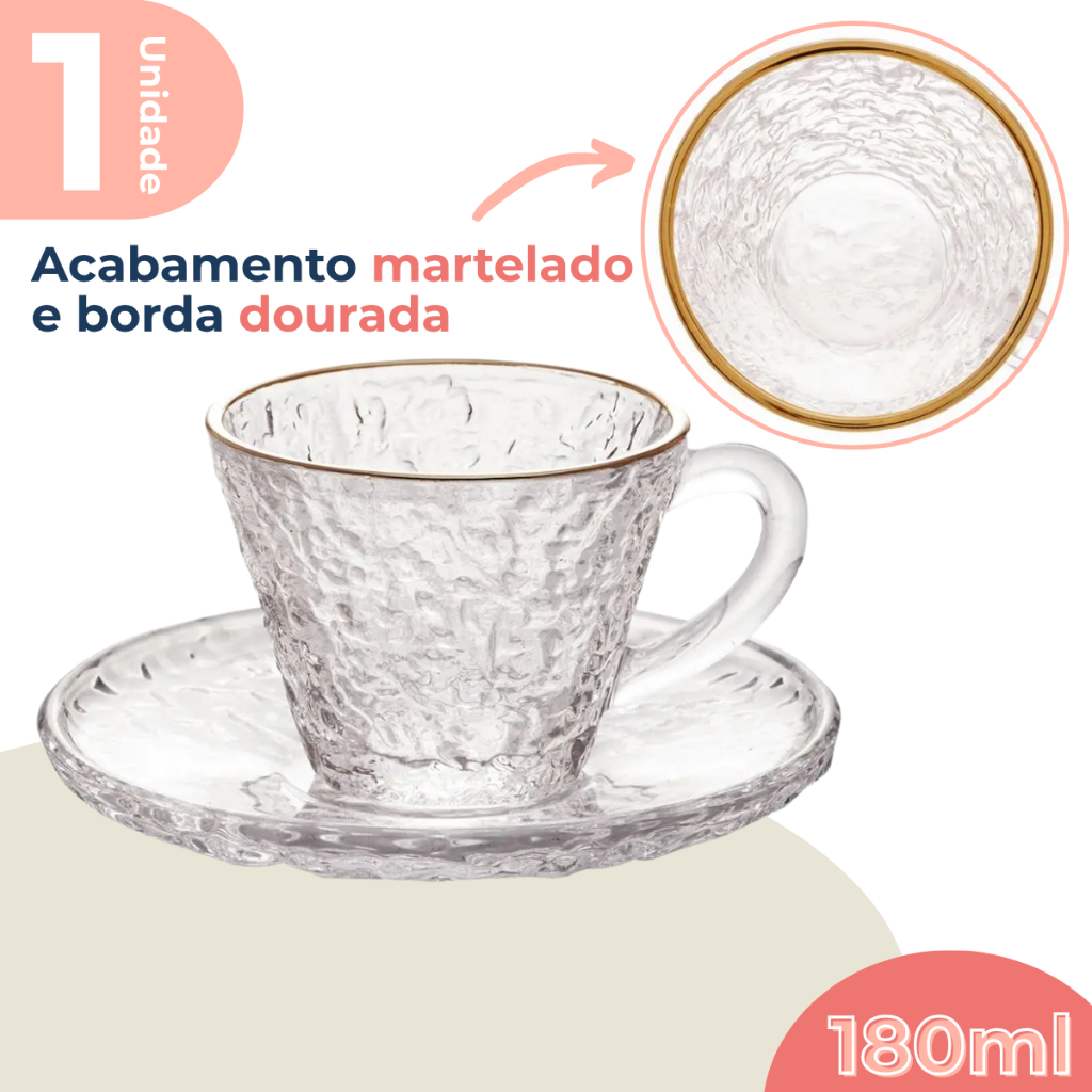 Xícara Para Café Chá 180ml Em Vidro Martelado Borda Dourada Com Pires Avulsa em Oferta na Shopee