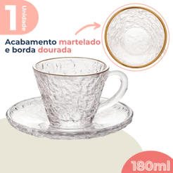 Xícara Para Café Chá 180ml Em Vidro Martelado Borda Dourada Com Pires Avulsa