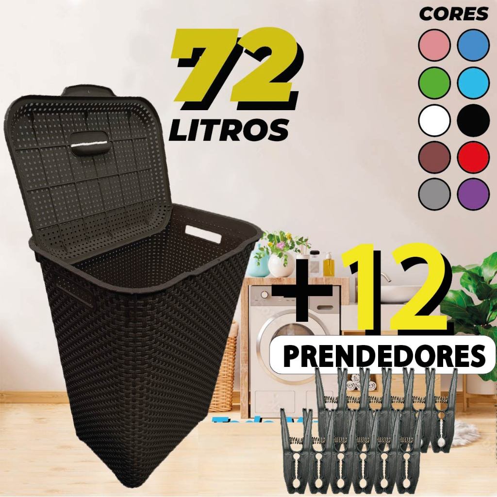 Cesto De Roupa Suja 72 Litros Lavanderia Com Tampa Organizador  Lavanderia Banheiro + 12 Prendedores em Oferta na Shopee