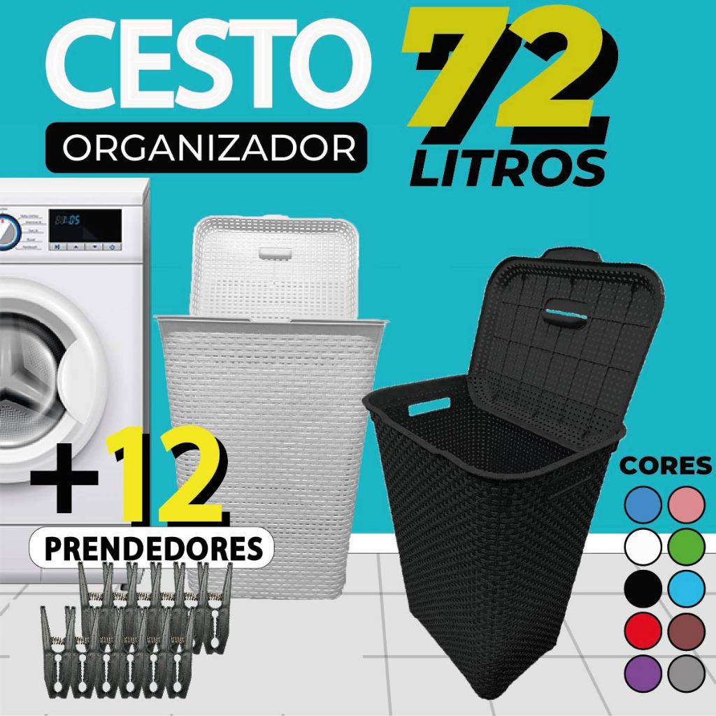 Cesto De Roupa Suja 72 Litros Resistente Lavanderia Com Tampa Organizador Roupas Lavanderi...