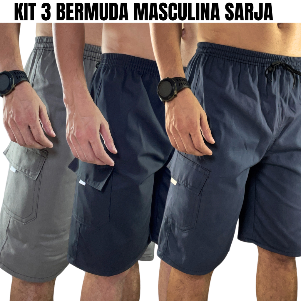 Kit Bermuda Masculina Cargo Brim Short Cargo Cordão Elástico Bermudas Masculinas Trabalho 3 Peças