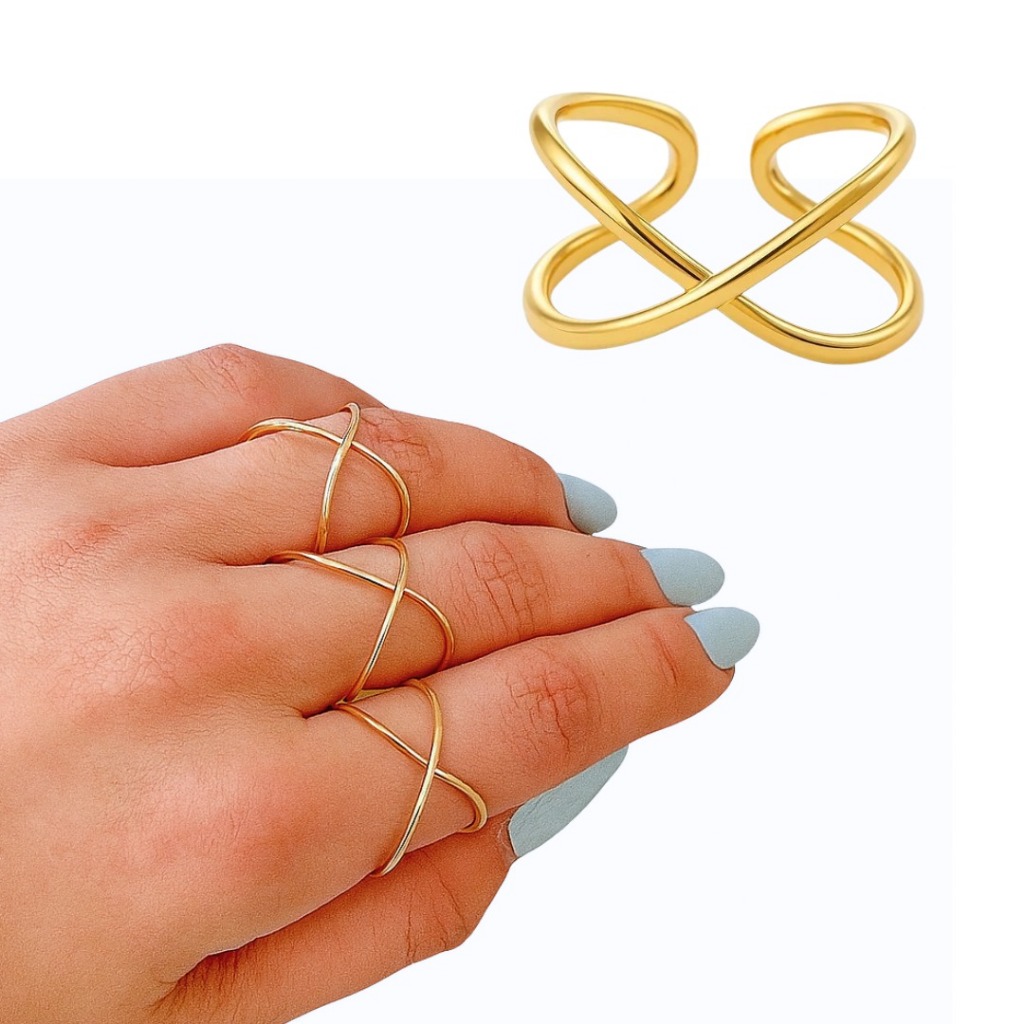 [ SEMI JOIA ] Kit 2 Anel X Feminino Cruzado Anéis Delicado Tam Regulável Banhado a Ouro 18k