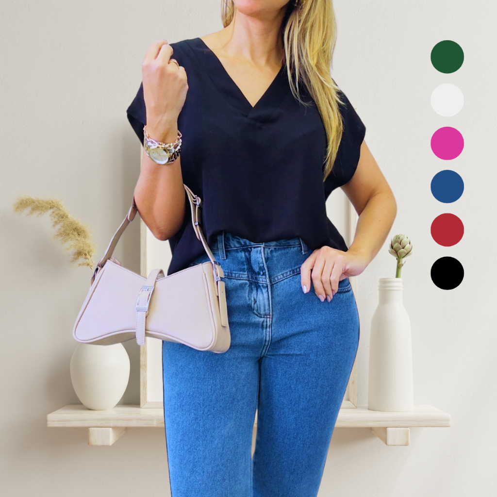 Blusa Feminina  Decote V Traspassado Camiseta Básica Manga Curta Social Chic em Oferta na Shopee