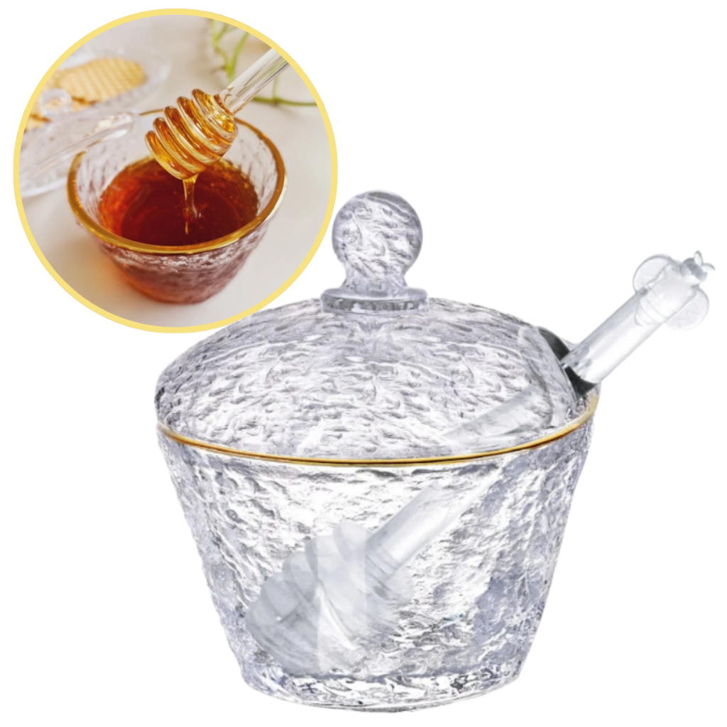 Meleira Pote Porta Mel Em Vidro Martelado Borda Dourada Com Tampa E Pegador Dosador em Oferta na Shopee