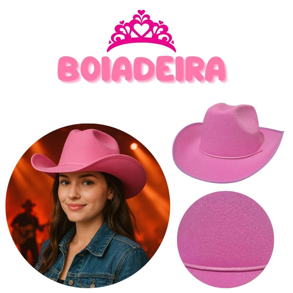 Chapéu Country Cowboy Boiadeira Rosa Estilo Feltro Luxo Barretos Show Sertanejo Feminino Rodeio