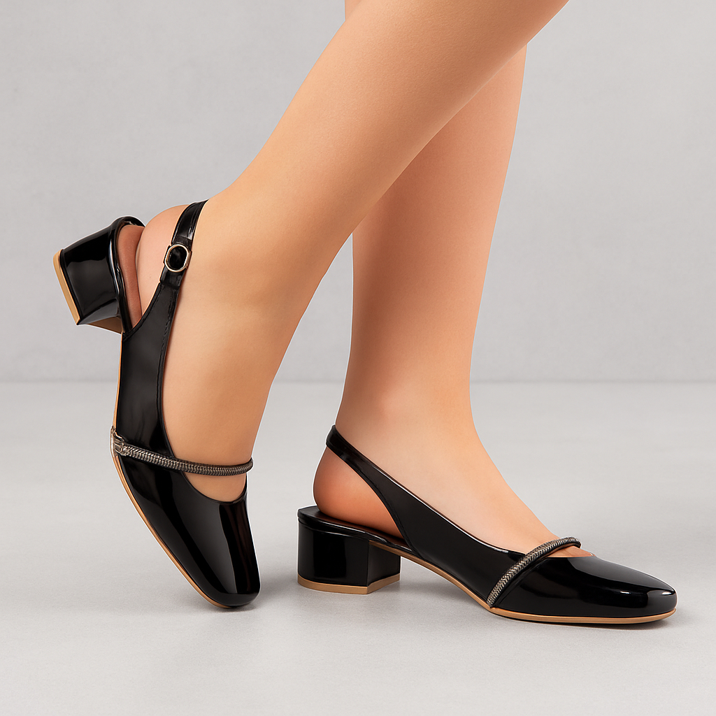 Sapato Scarpin Feminino Slingback Salto Baixo Quadrado Aberto Tira de Strass Brilho Bico Fino